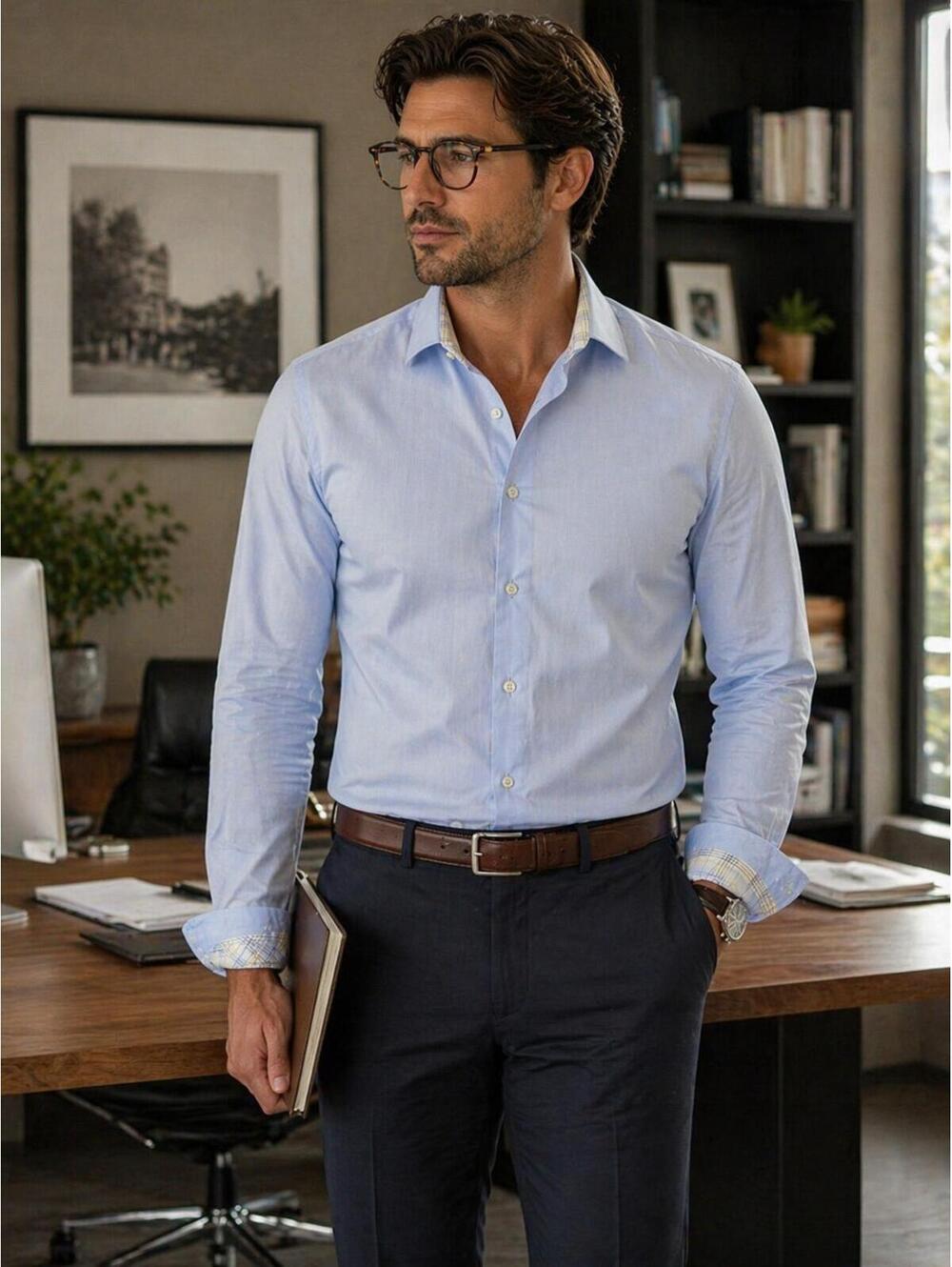 Hammer Made Dress Shirt Mens 15.5 Blue Slim Fit Herringbone Twill Long Sleeve